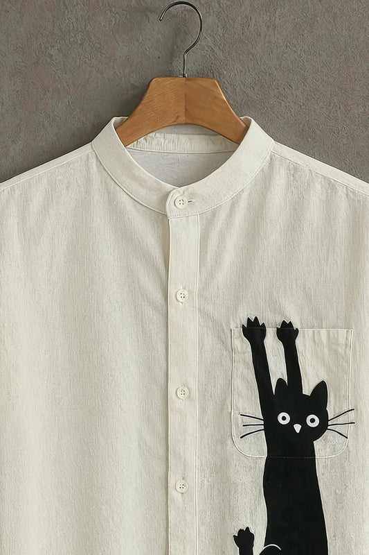 Men's Cat Graphic Print Shirt | Cotton Blend | Mandarin Collar | Short Sleeve | Regular Fit