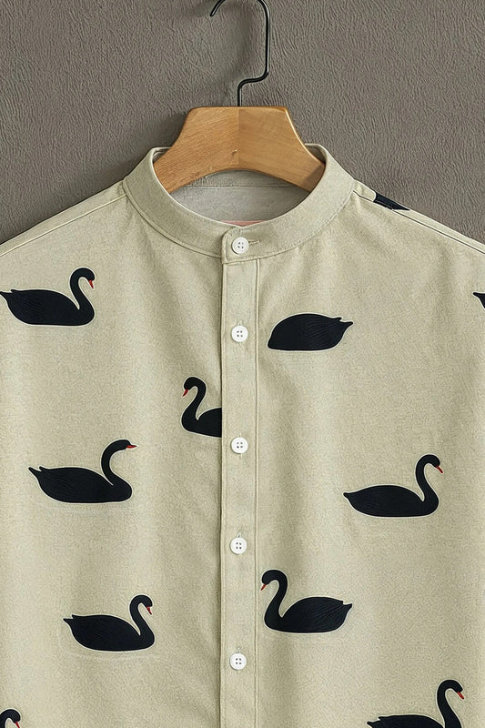 Men's Black Swan Print Shirt | Cotton Blend | Mandarin Collar | Short Sleeve | Regular Fit