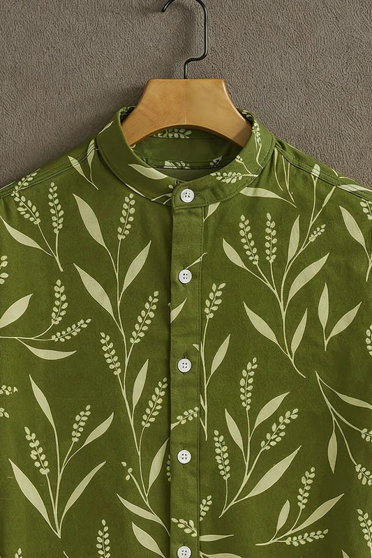 Men's Botanical Leaf Print Shirt | Cotton Blend | Mandarin Collar | Short Sleeve | Regular Fit