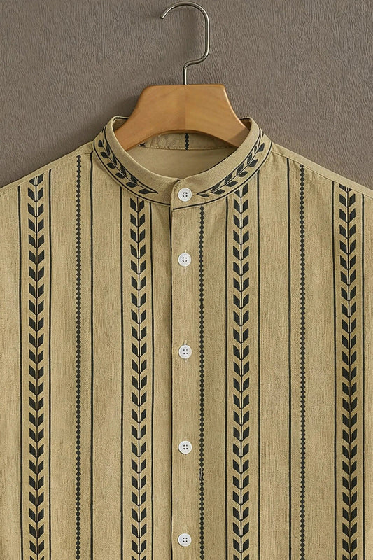 Men's Tribal Stripe Print Cotton Blend Shirt – Mandarin Collar | Short Sleeve Casual Wear