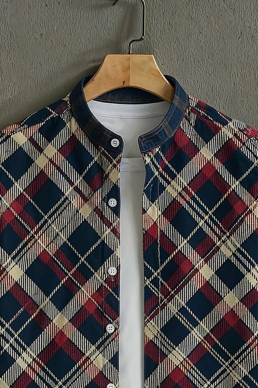 Men's Plaid Check Print Shirt | Cotton Blend | Mandarin Collar | Short Sleeve | Regular Fit