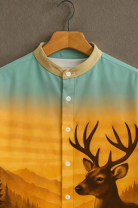 Men's Deer Forest & Mountain Print Shirt | Cotton Blend | Mandarin Collar | Short Sleeve | Regular Fit