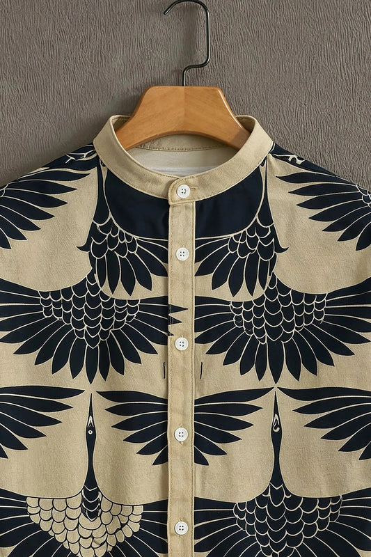 Men's Crane Bird Print Shirt | Cotton Blend | Mandarin Collar | Short Sleeve | Regular Fit