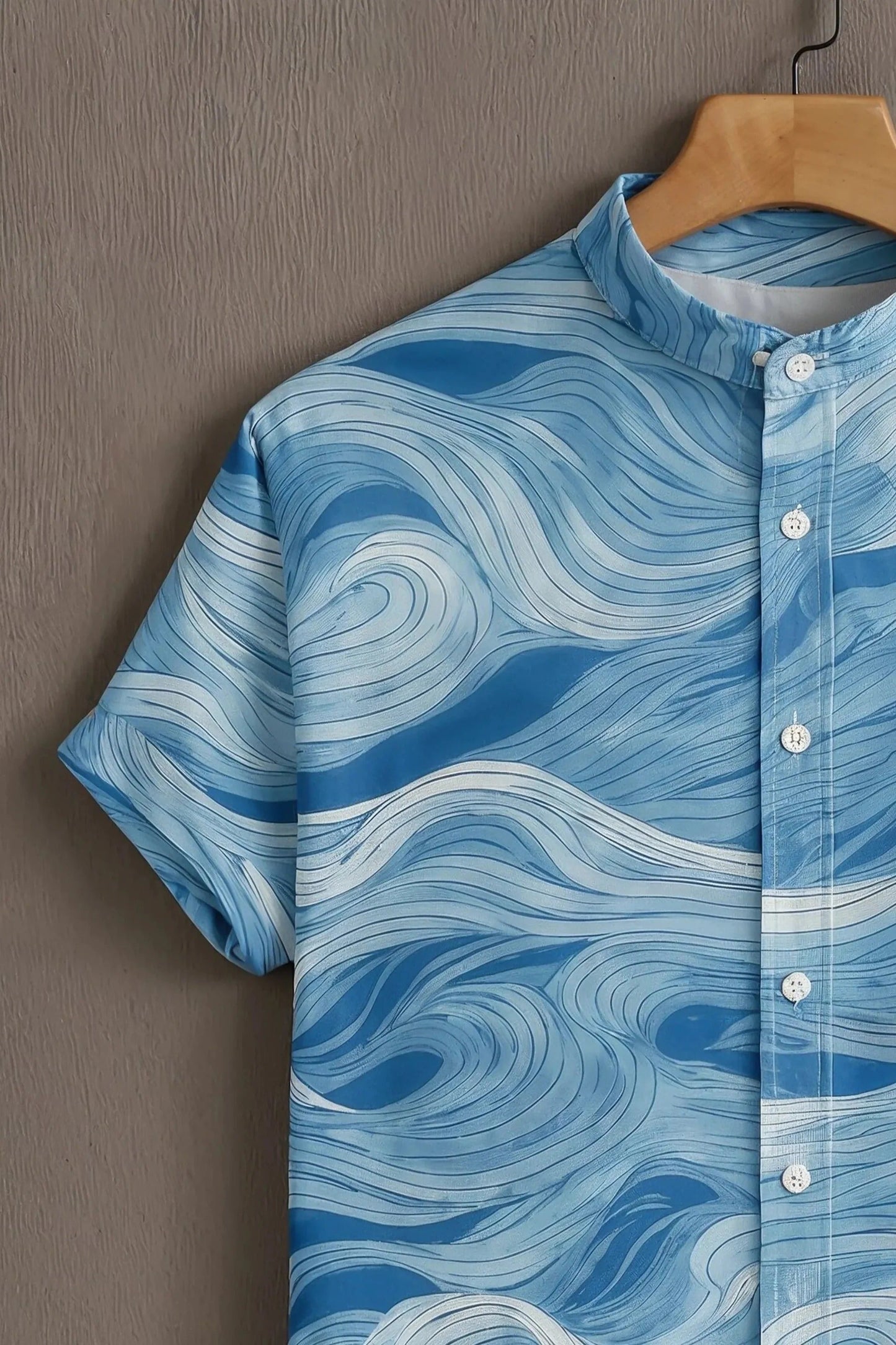 Men's Ocean Wave Print Cotton Blend Shirt – Mandarin Collar | Short Sleeve Casual Wear