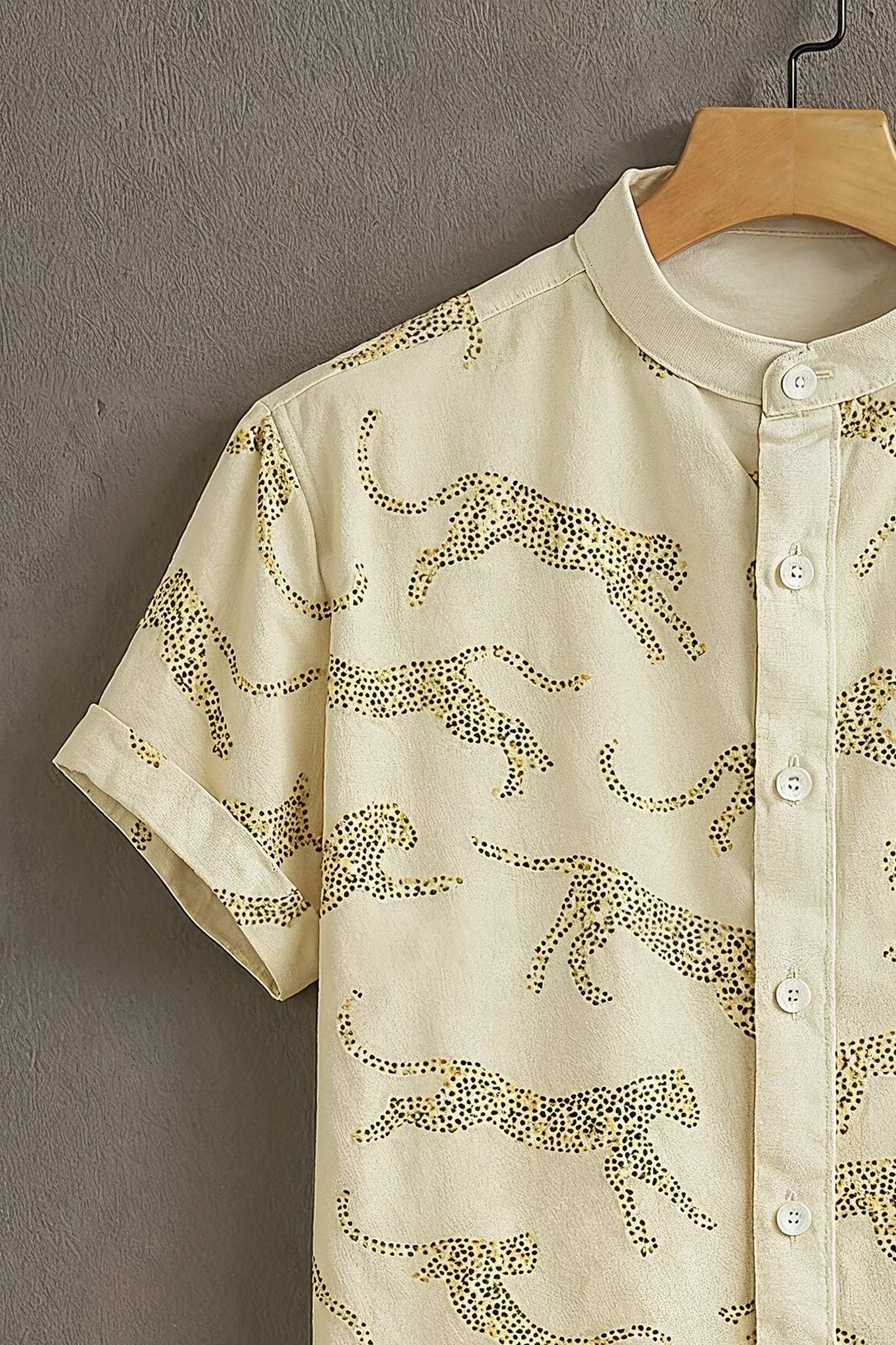 Men's Wild Leopard Print Cotton Blend Shirt – Mandarin Collar | Short Sleeve Casual Wear