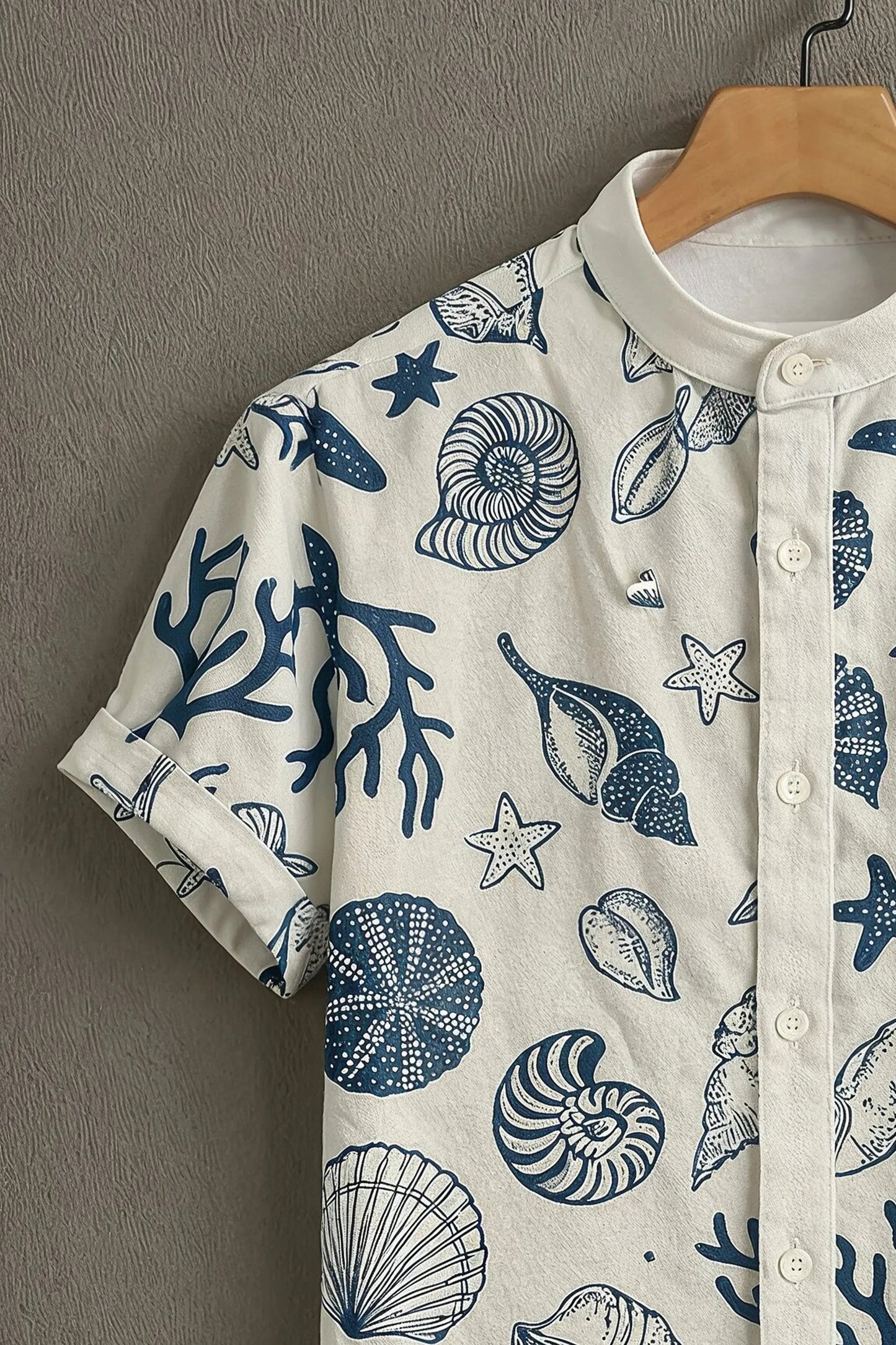 Men's Coastal Seashell Print Shirt | Cotton Blend | Mandarin Collar | Short Sleeve | Regular Fit