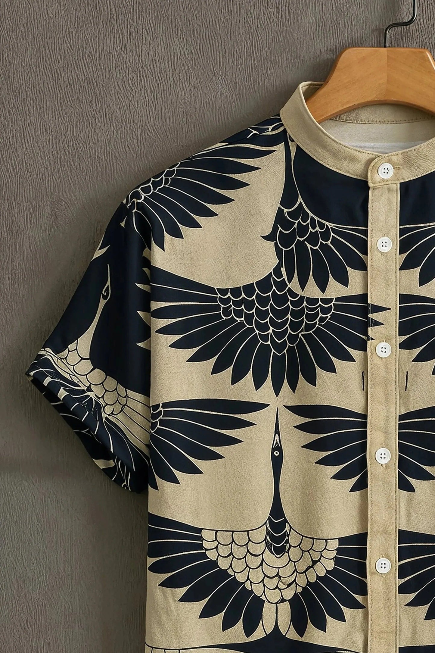 Men's Crane Bird Print Shirt | Cotton Blend | Mandarin Collar | Short Sleeve | Regular Fit