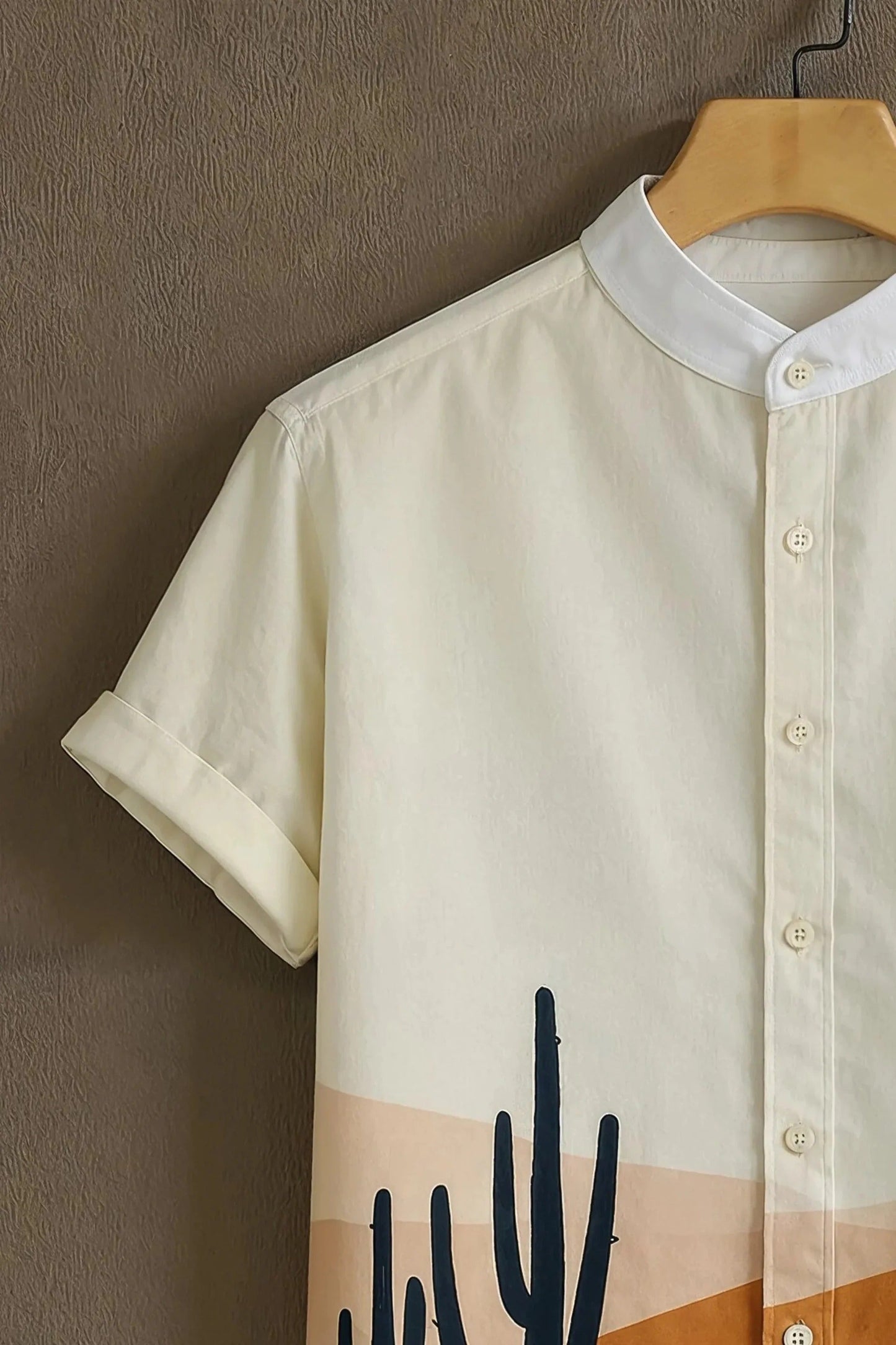 Men's Desert Sunset Cactus Print Shirt | Cotton Blend | Mandarin Collar | Short Sleeve | Regular Fit