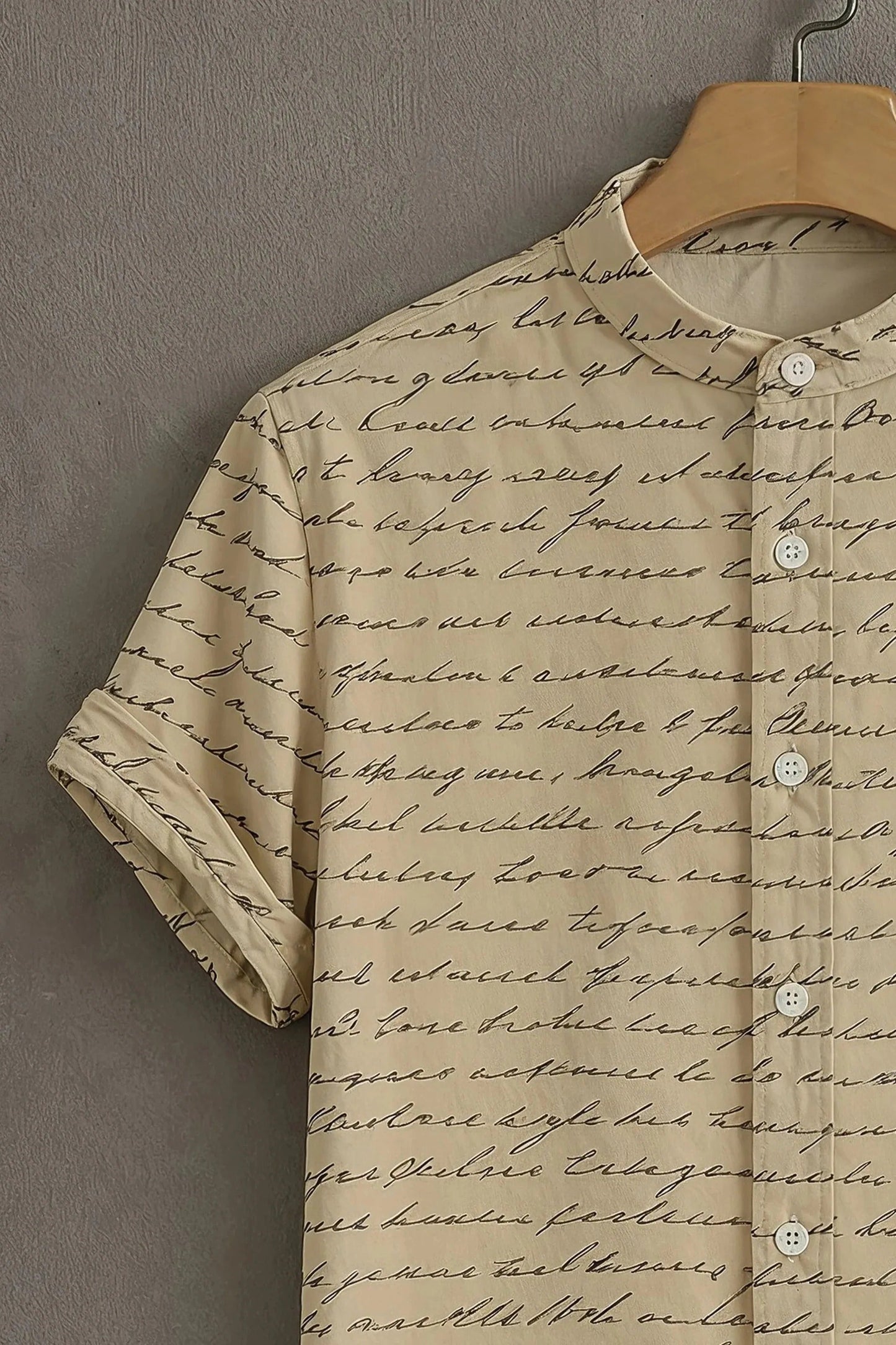 Men's Vintage Script Print Cotton Blend Shirt – Mandarin Collar | Short Sleeve Casual Wear