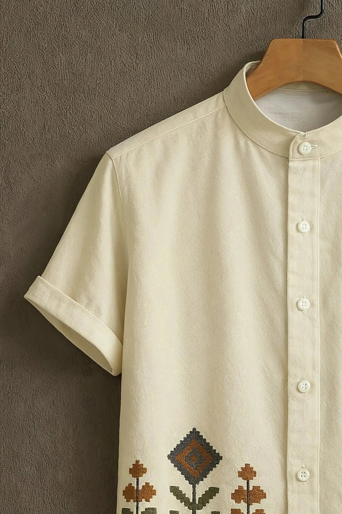 Men's Embroidered Cotton Blend Shirt – Mandarin Collar | Short Sleeve Casual Wear