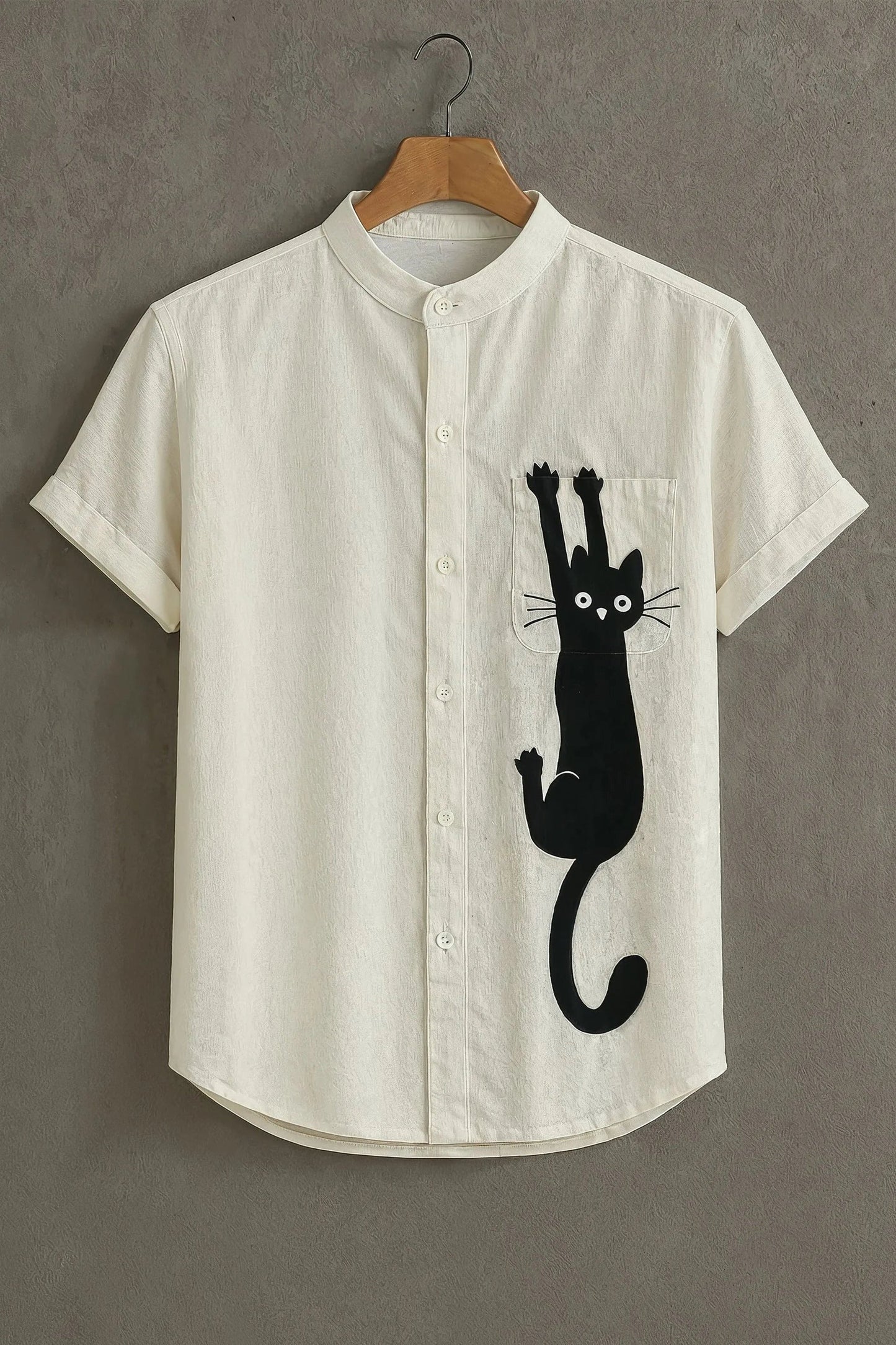 Men's Cat Graphic Print Shirt | Cotton Blend | Mandarin Collar | Short Sleeve | Regular Fit
