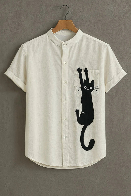 Men's Cat Graphic Print Shirt | Cotton Blend | Mandarin Collar | Short Sleeve | Regular Fit