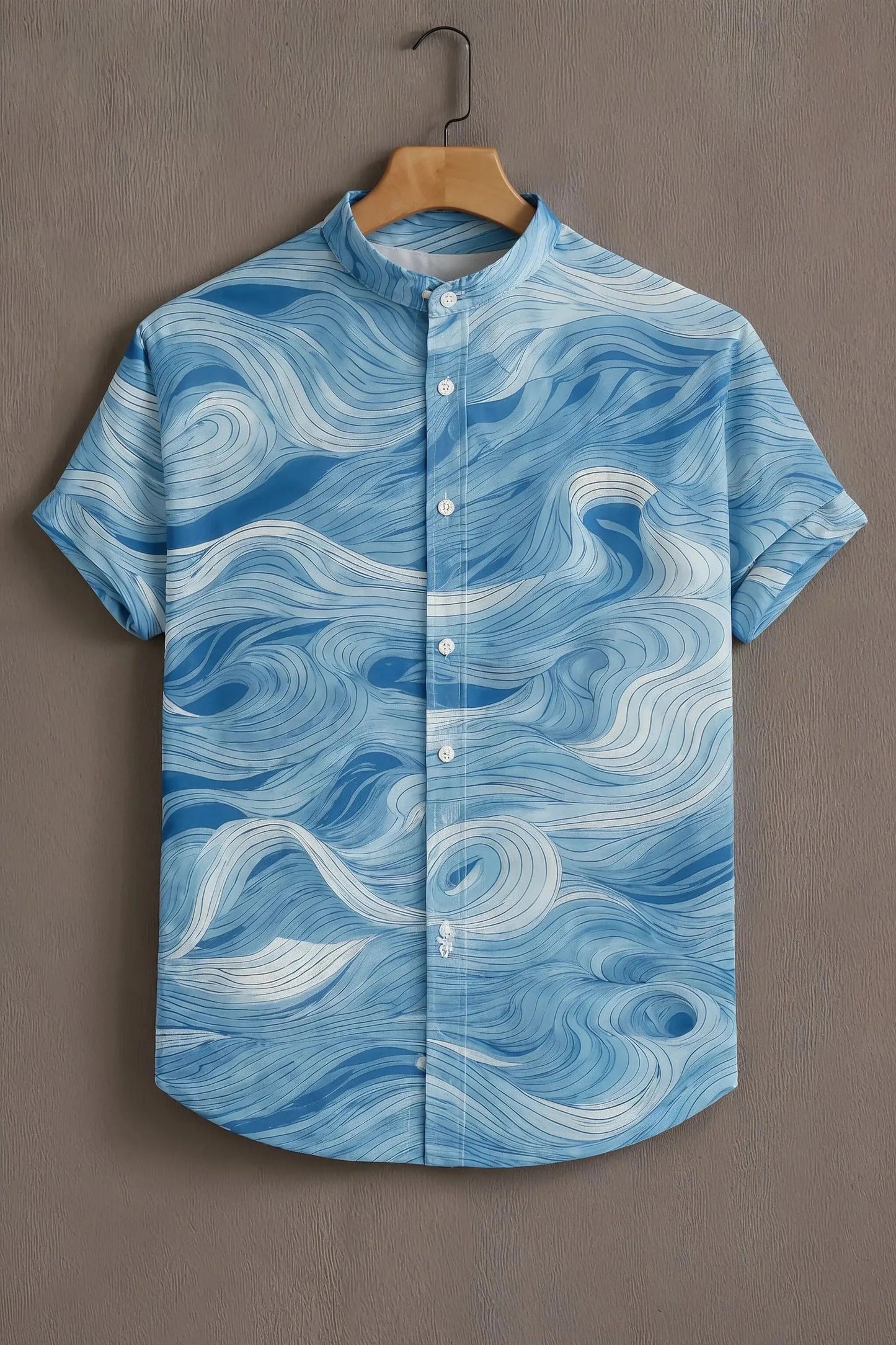 Men's Ocean Wave Print Cotton Blend Shirt – Mandarin Collar | Short Sleeve Casual Wear