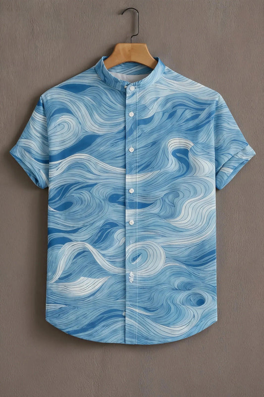 Men's Ocean Wave Print Cotton Blend Shirt – Mandarin Collar | Short Sleeve Casual Wear