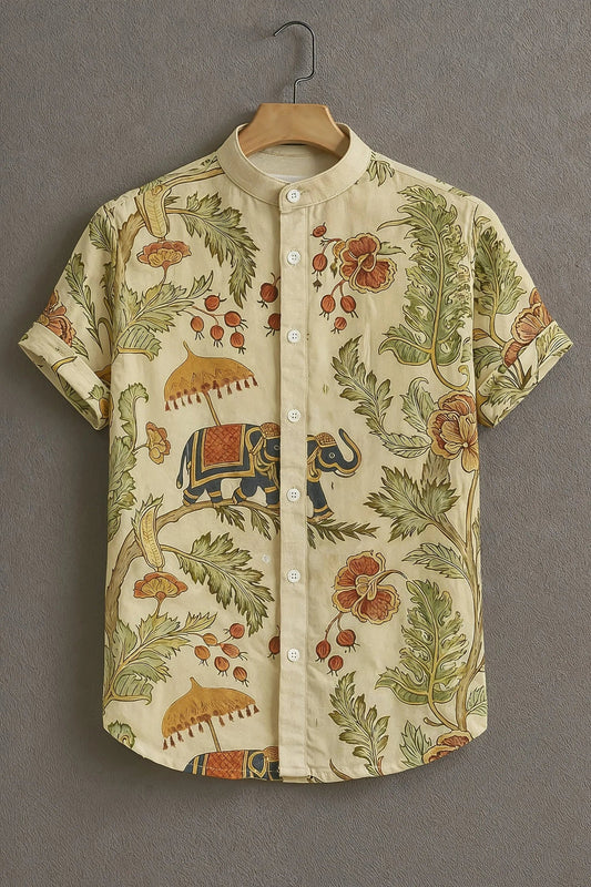 Men's Elephant Floral Print Shirt | Cotton Blend | Mandarin Collar | Short Sleeve | Regular Fit