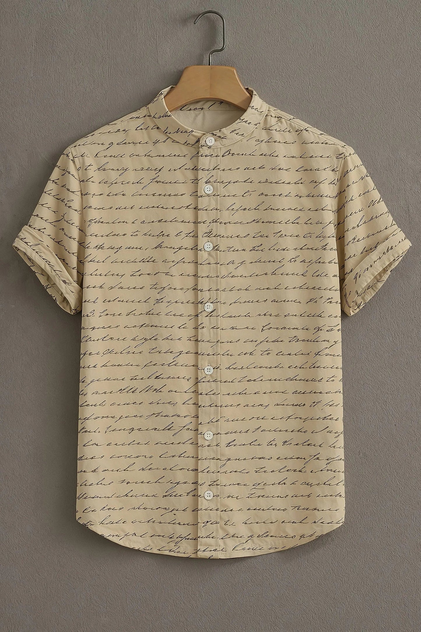 Men's Vintage Script Print Cotton Blend Shirt – Mandarin Collar | Short Sleeve Casual Wear