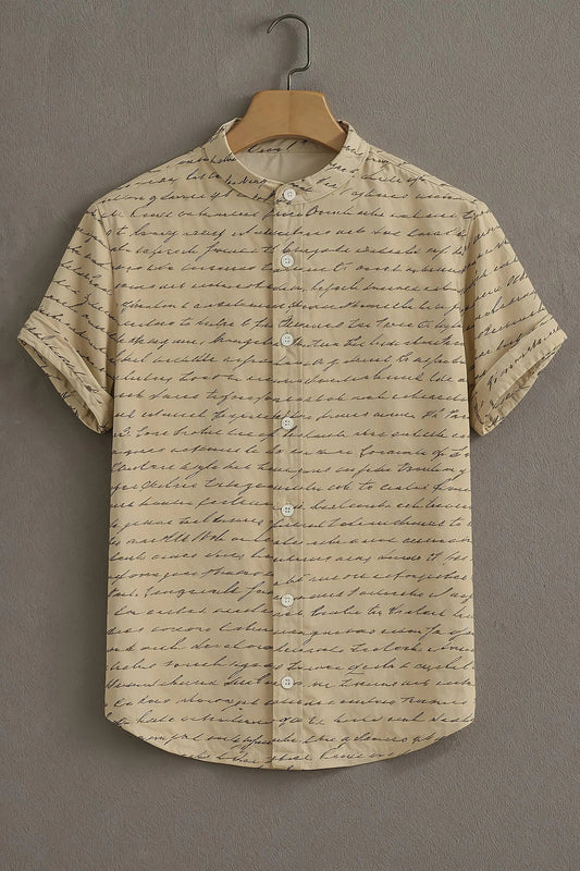 Men's Vintage Script Print Cotton Blend Shirt – Mandarin Collar | Short Sleeve Casual Wear