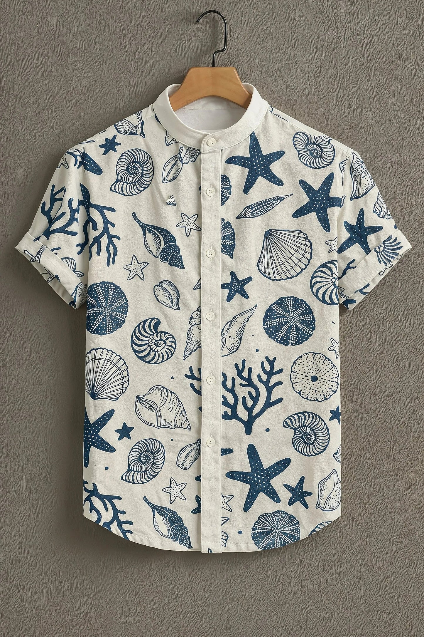 Men's Coastal Seashell Print Shirt | Cotton Blend | Mandarin Collar | Short Sleeve | Regular Fit