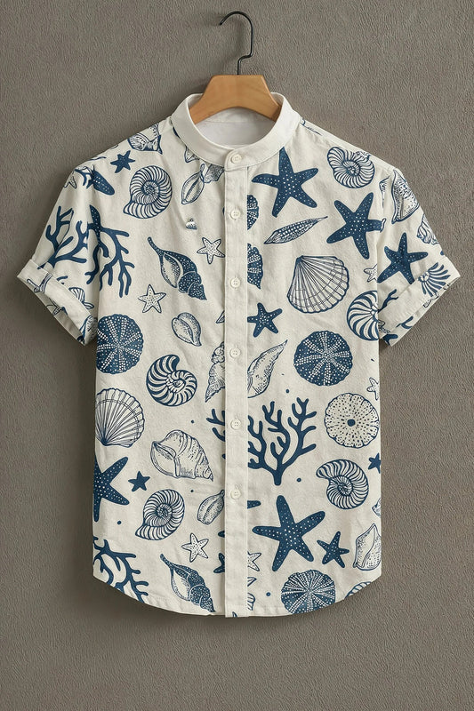 Men's Coastal Seashell Print Shirt | Cotton Blend | Mandarin Collar | Short Sleeve | Regular Fit