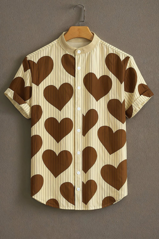Men's Retro Heart Print Cotton Blend Shirt – Mandarin Collar | Short Sleeve Casual Wear