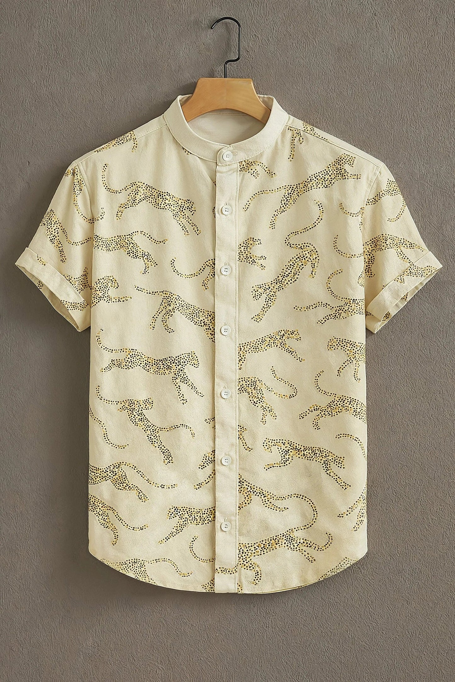 Men's Wild Leopard Print Cotton Blend Shirt – Mandarin Collar | Short Sleeve Casual Wear