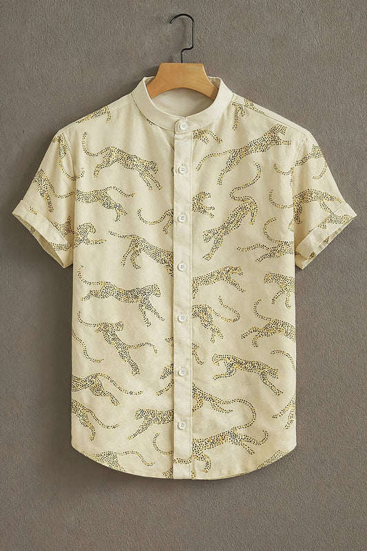 Men's Wild Leopard Print Cotton Blend Shirt – Mandarin Collar | Short Sleeve Casual Wear