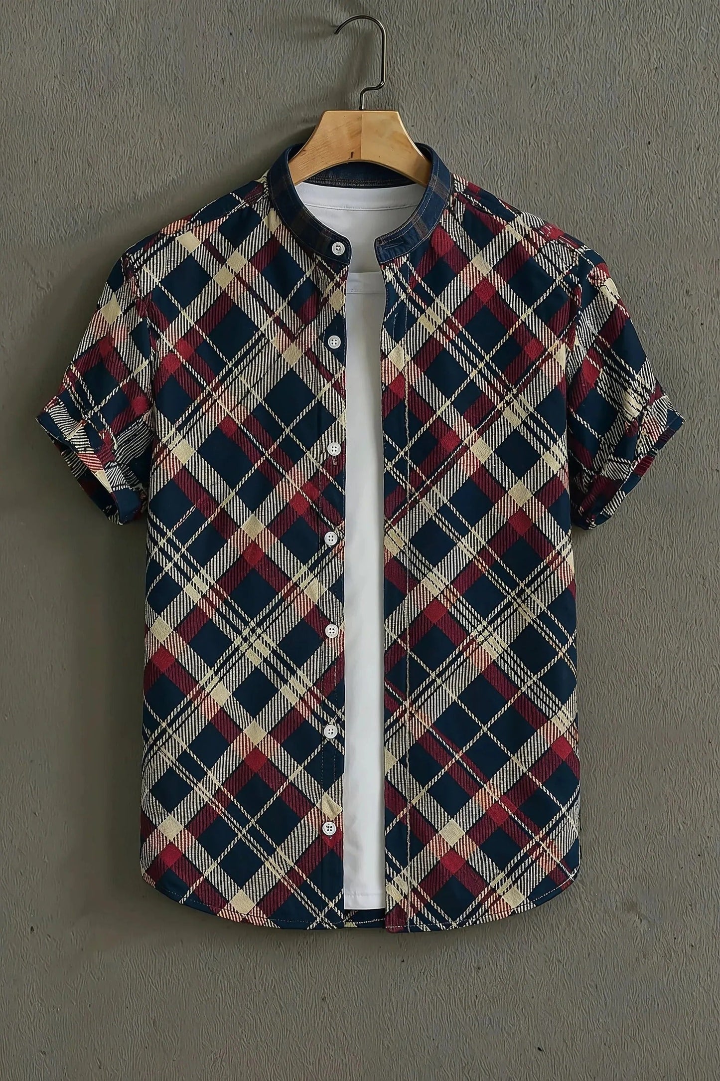 Men's Plaid Check Print Shirt | Cotton Blend | Mandarin Collar | Short Sleeve | Regular Fit