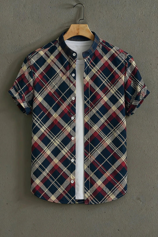 Men's Plaid Check Print Shirt | Cotton Blend | Mandarin Collar | Short Sleeve | Regular Fit