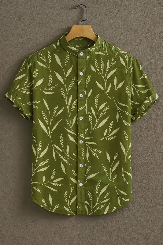 Men's Botanical Leaf Print Shirt | Cotton Blend | Mandarin Collar | Short Sleeve | Regular Fit