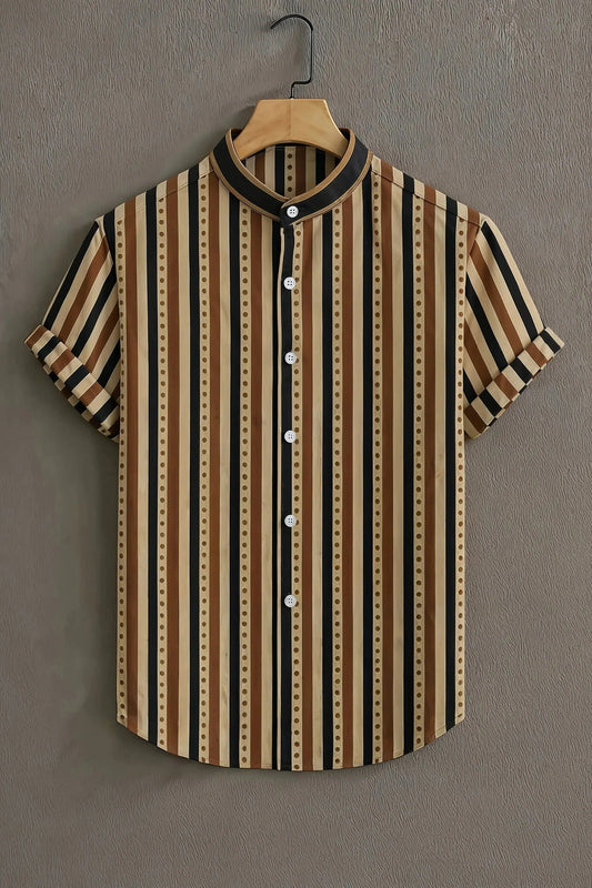 Men's Vintage Striped Cotton Blend Shirt – Mandarin Collar | Short Sleeve Casual Wear