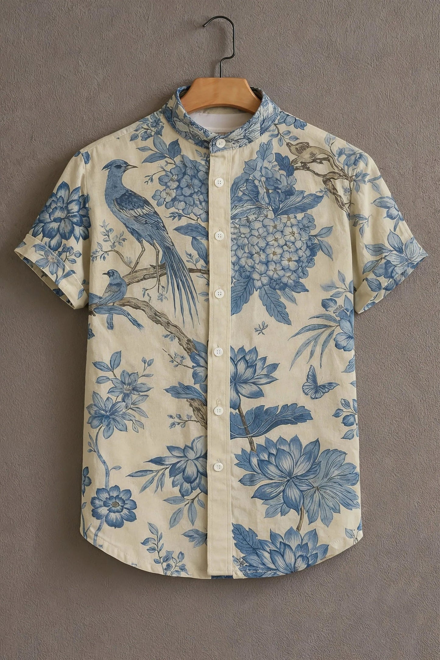 Men's Bluebird Floral Print Cotton Blend Shirt – Mandarin Collar | Short Sleeve Casual Wear