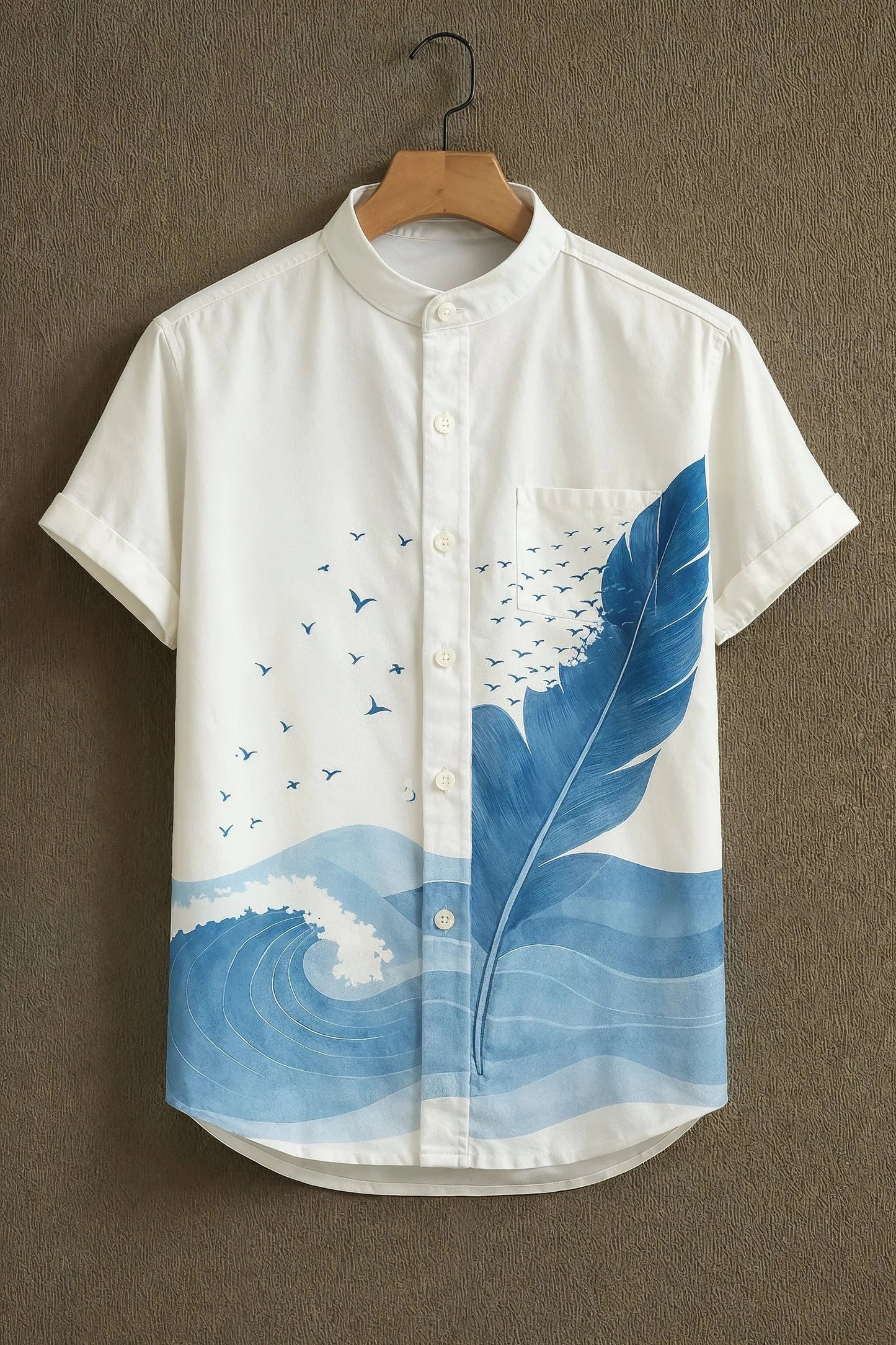 Men's Ocean Wave Bird Print Cotton Blend Shirt – Mandarin Collar | Short Sleeve Casual Wear