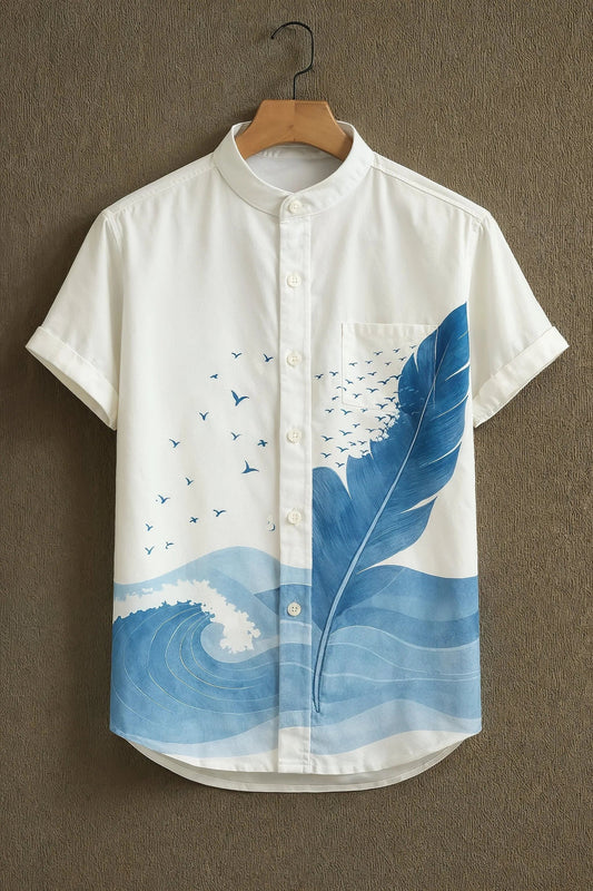 Men's Ocean Wave Bird Print Cotton Blend Shirt – Mandarin Collar | Short Sleeve Casual Wear