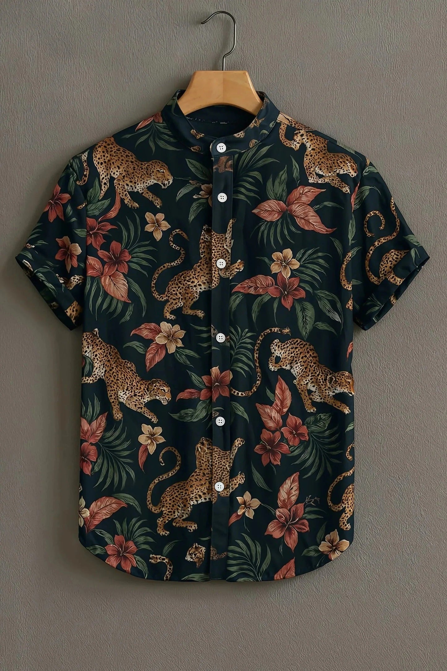 Men's Tropical Leopard Floral Print Cotton Blend Shirt – Mandarin Collar | Short Sleeve Casual Wear