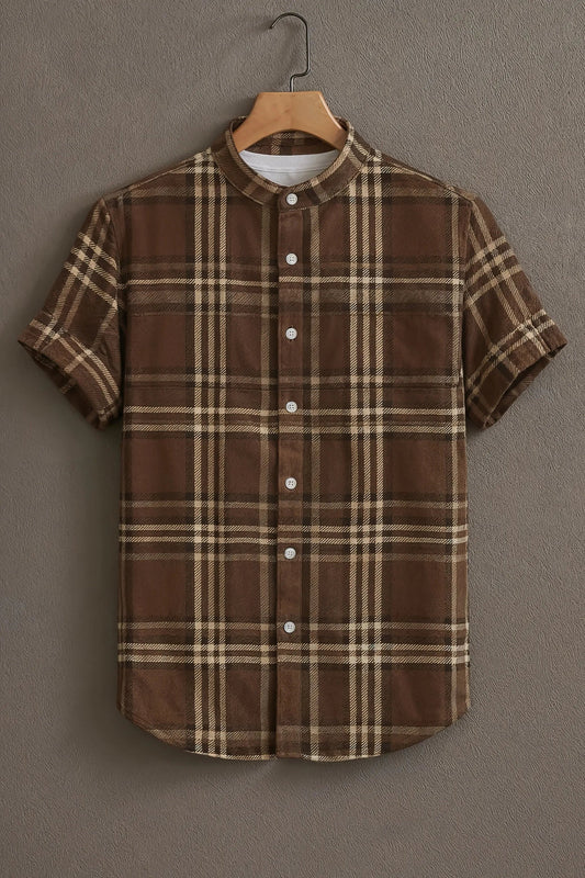 Men's Brown Plaid Check Shirt | Cotton Blend | Mandarin Collar | Short Sleeve | Regular Fit