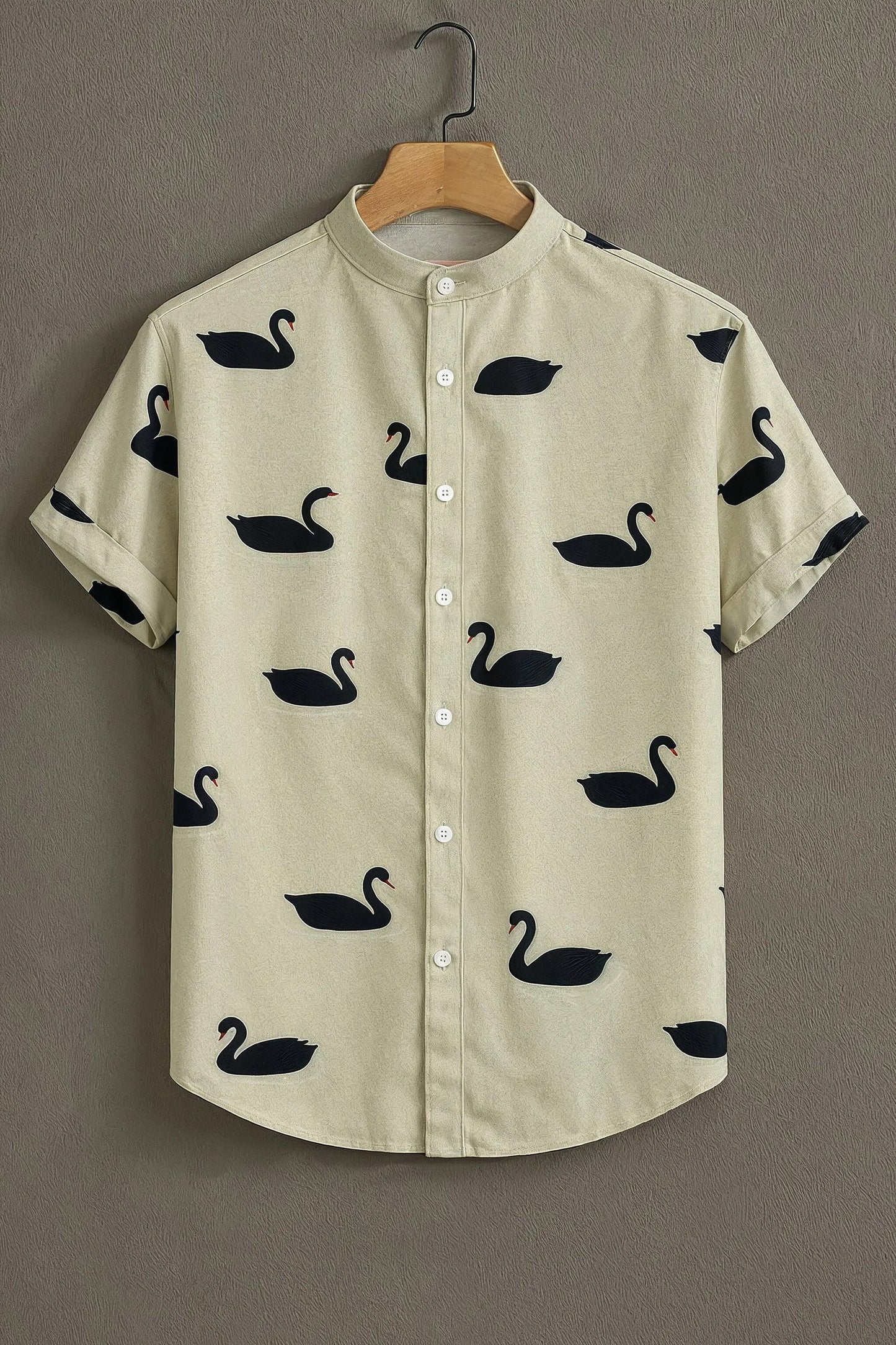 Men's Black Swan Print Shirt | Cotton Blend | Mandarin Collar | Short Sleeve | Regular Fit