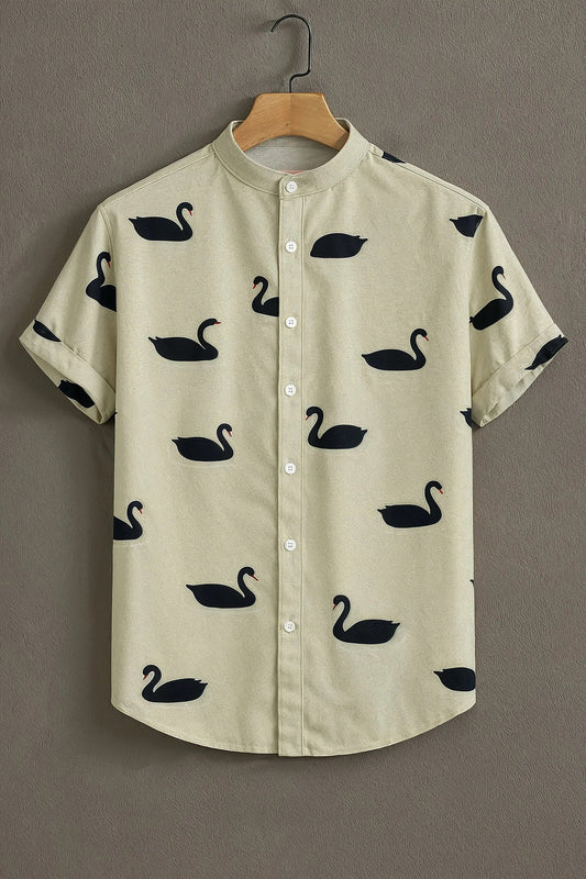 Men's Black Swan Print Shirt | Cotton Blend | Mandarin Collar | Short Sleeve | Regular Fit