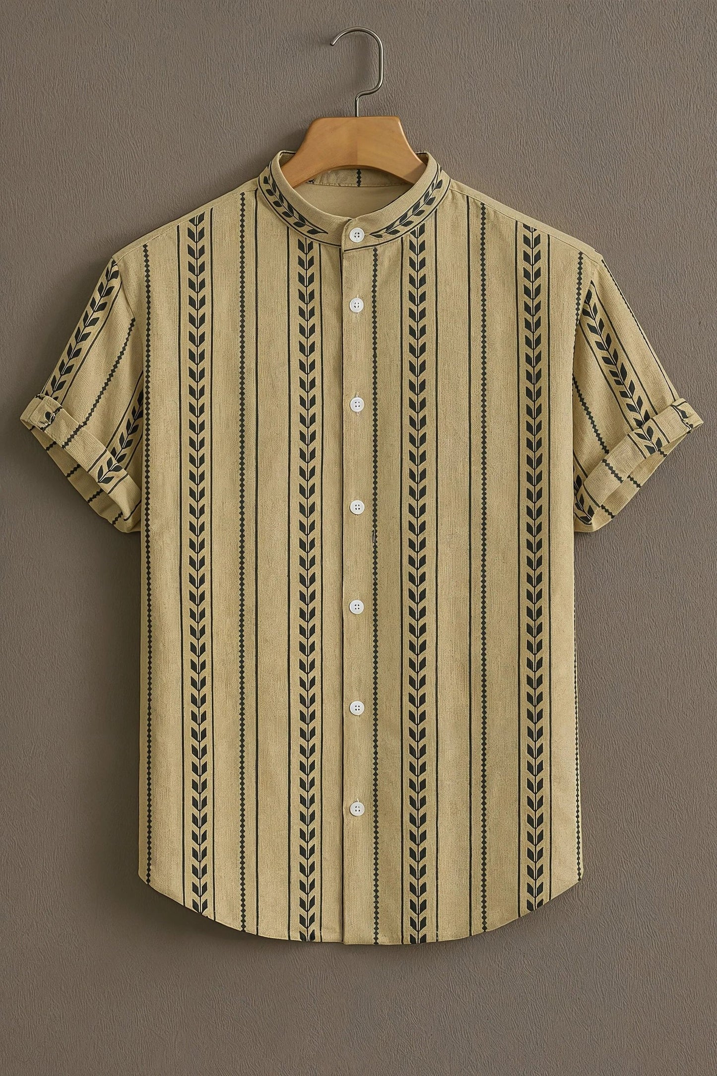 Men's Tribal Stripe Print Cotton Blend Shirt – Mandarin Collar | Short Sleeve Casual Wear
