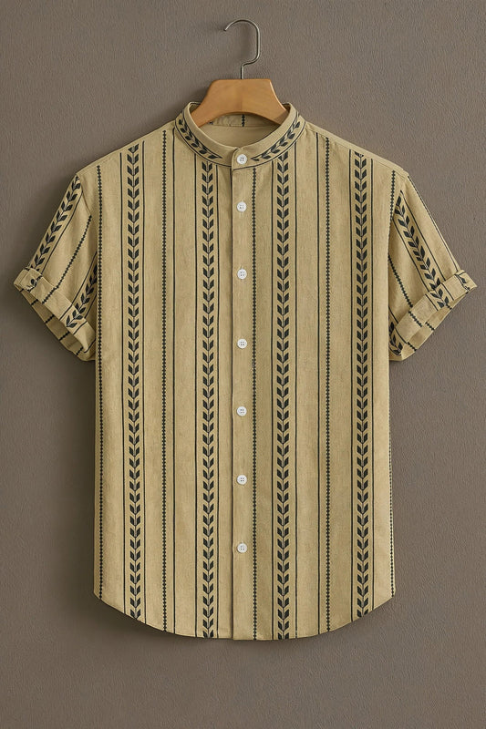 Men's Tribal Stripe Print Cotton Blend Shirt – Mandarin Collar | Short Sleeve Casual Wear