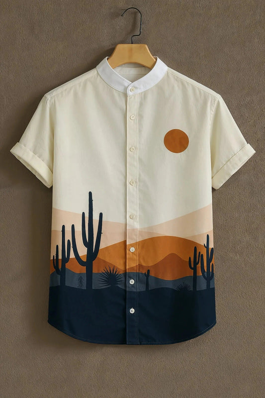 Men's Desert Sunset Cactus Print Shirt | Cotton Blend | Mandarin Collar | Short Sleeve | Regular Fit