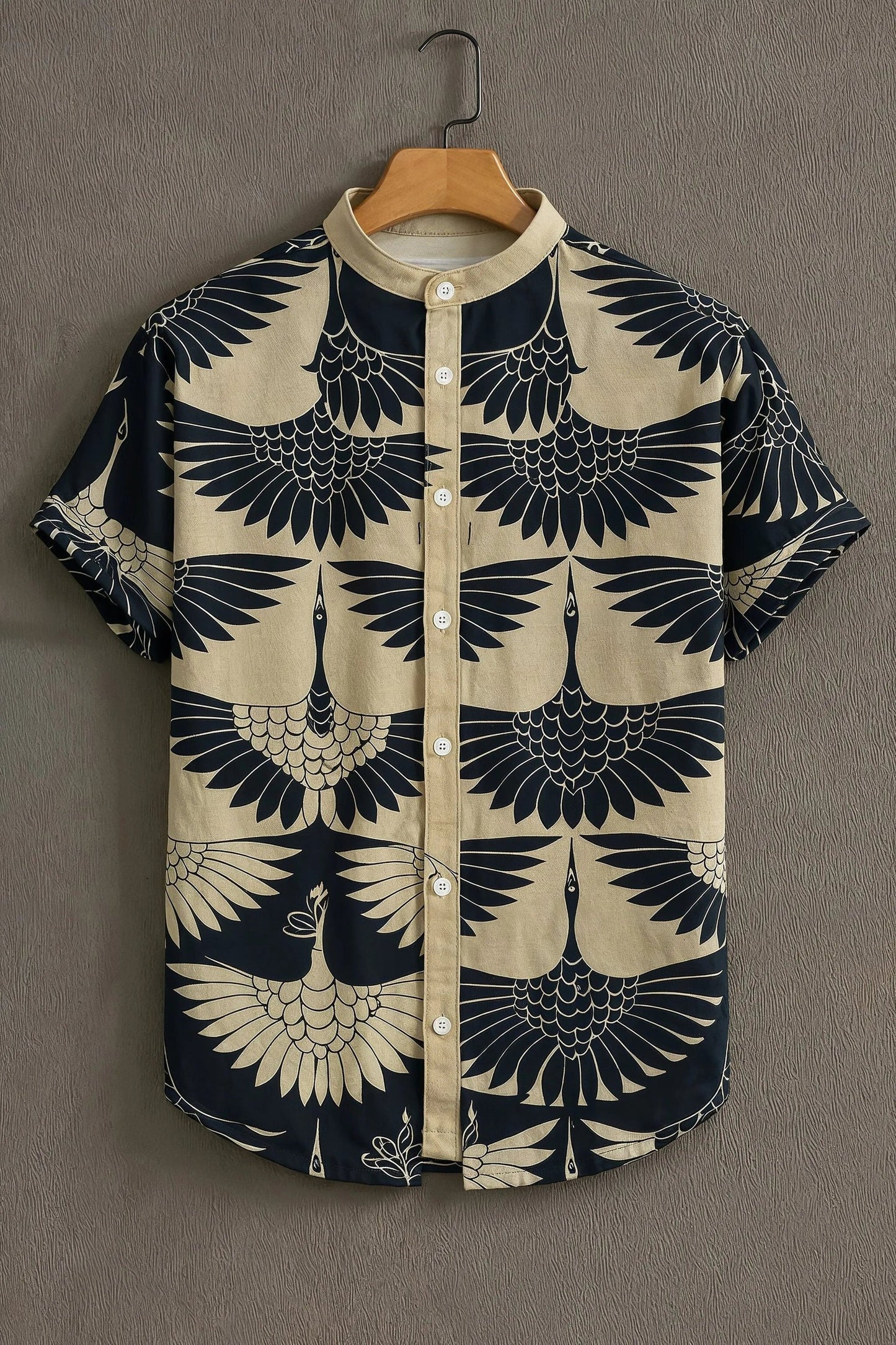 Men's Crane Bird Print Shirt | Cotton Blend | Mandarin Collar | Short Sleeve | Regular Fit