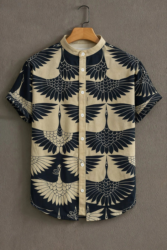 Men's Crane Bird Print Shirt | Cotton Blend | Mandarin Collar | Short Sleeve | Regular Fit