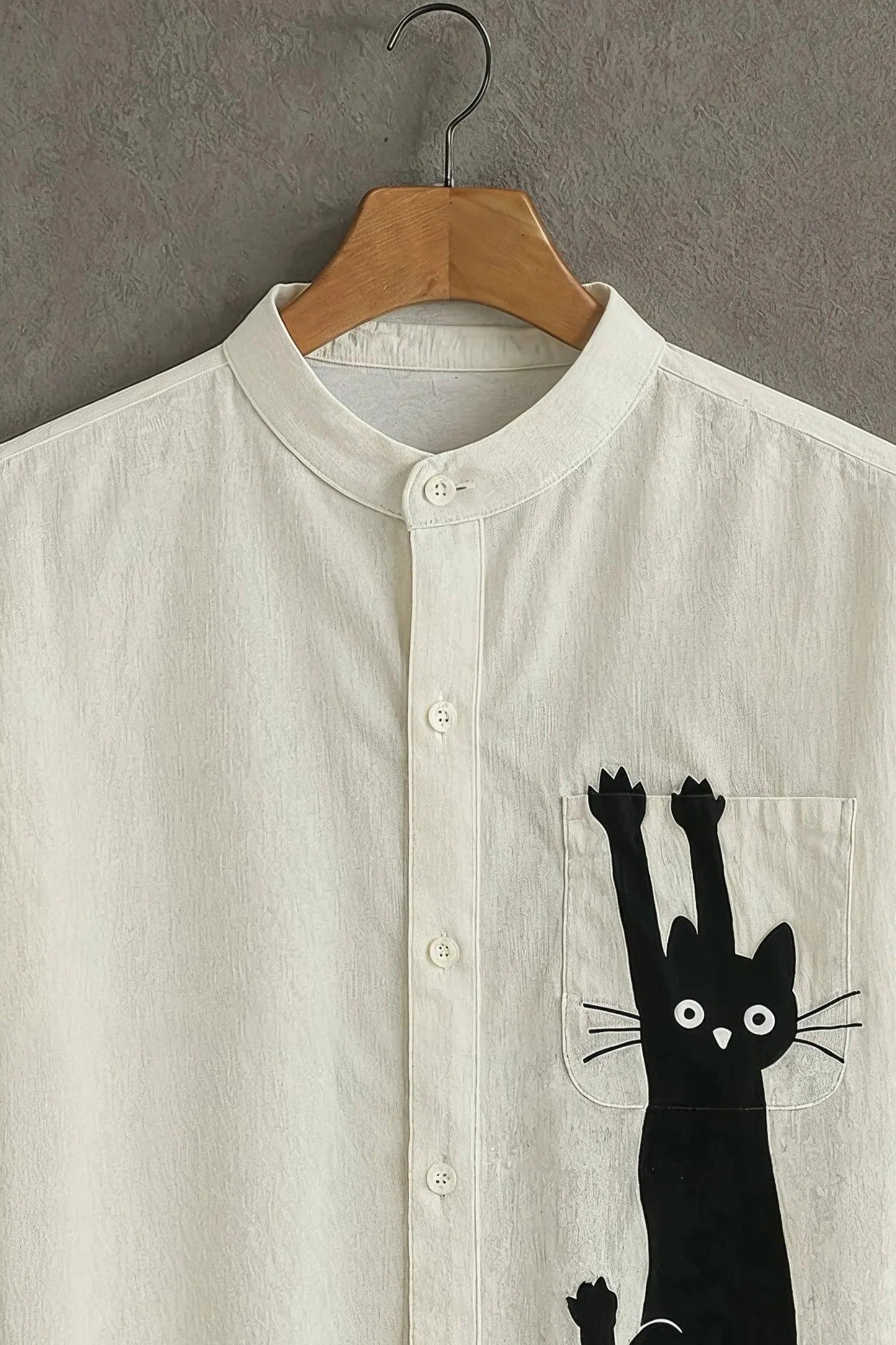 Men's Cat Graphic Print Shirt | Cotton Blend | Mandarin Collar | Short Sleeve | Regular Fit