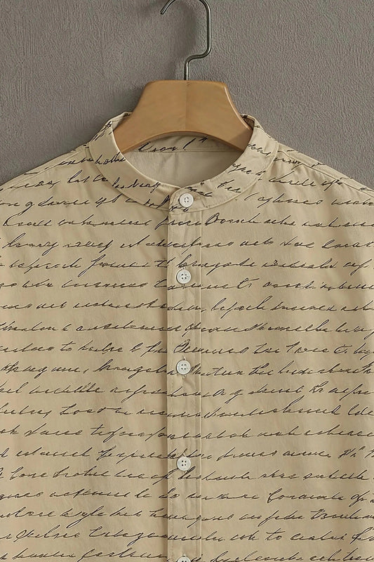 Men's Vintage Script Print Cotton Blend Shirt – Mandarin Collar | Short Sleeve Casual Wear