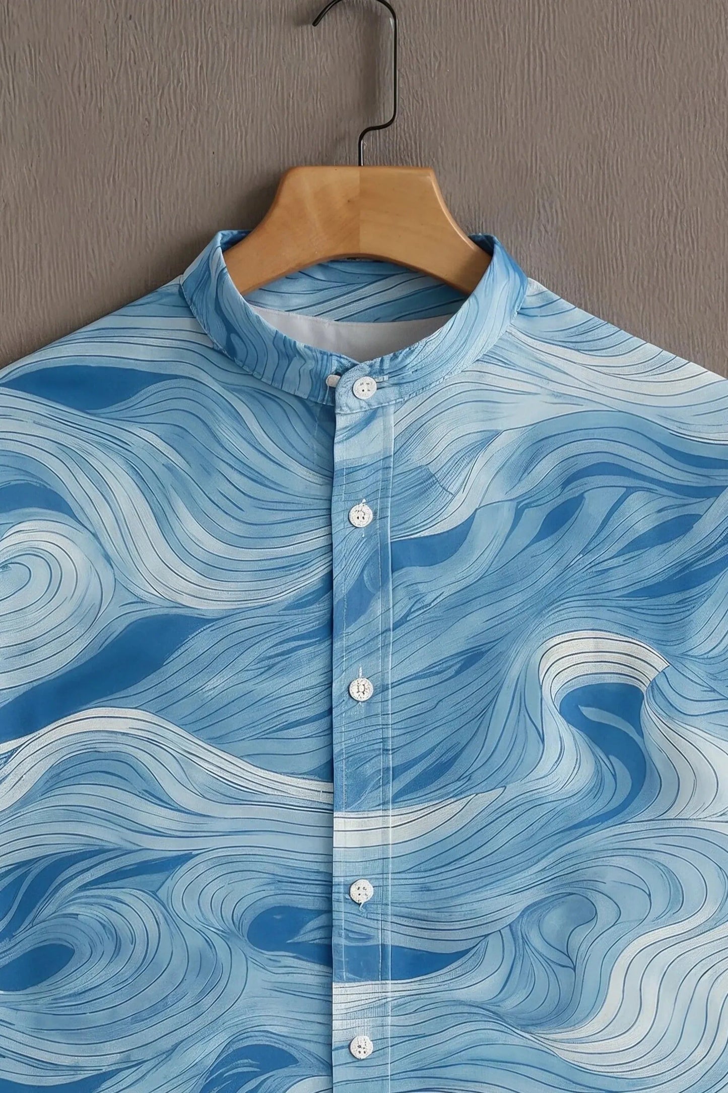 Men's Ocean Wave Print Cotton Blend Shirt – Mandarin Collar | Short Sleeve Casual Wear