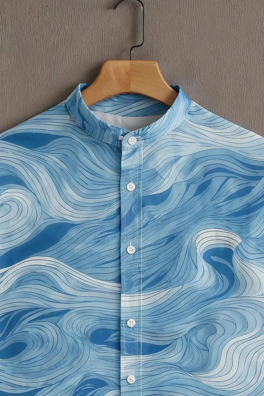 Men's Ocean Wave Print Cotton Blend Shirt – Mandarin Collar | Short Sleeve Casual Wear