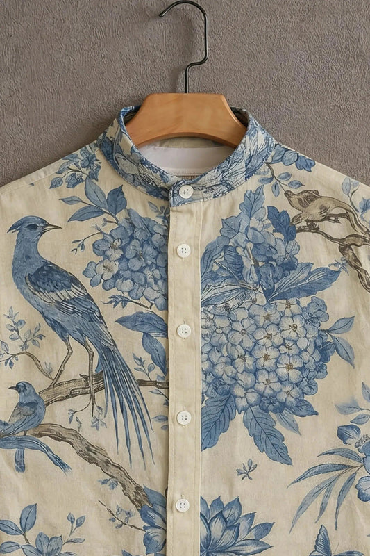 Men's Bluebird Floral Print Cotton Blend Shirt – Mandarin Collar | Short Sleeve Casual Wear