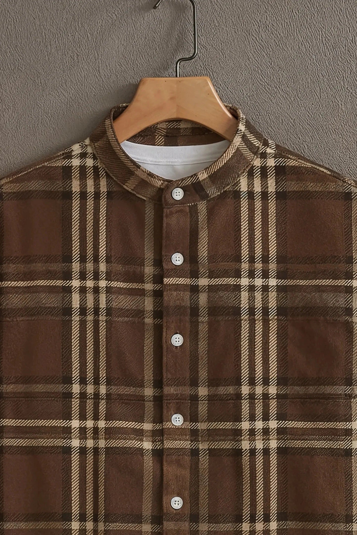 Men's Brown Plaid Check Shirt | Cotton Blend | Mandarin Collar | Short Sleeve | Regular Fit