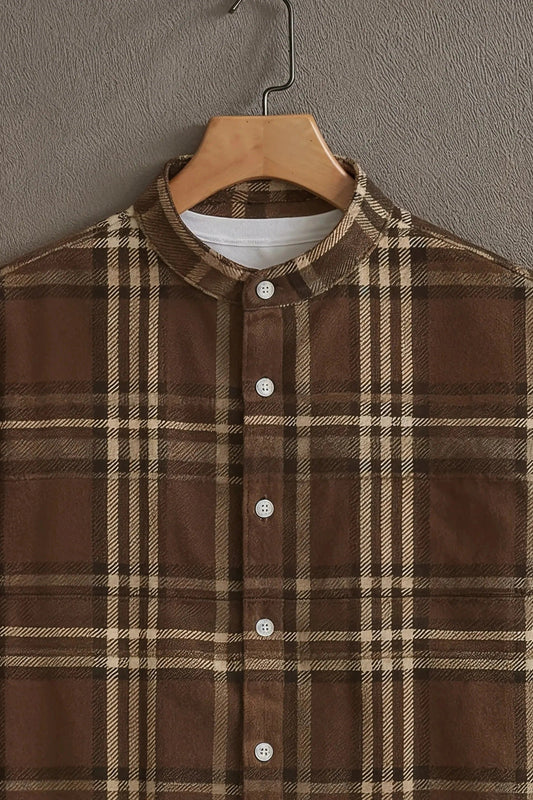 Men's Brown Plaid Check Shirt | Cotton Blend | Mandarin Collar | Short Sleeve | Regular Fit