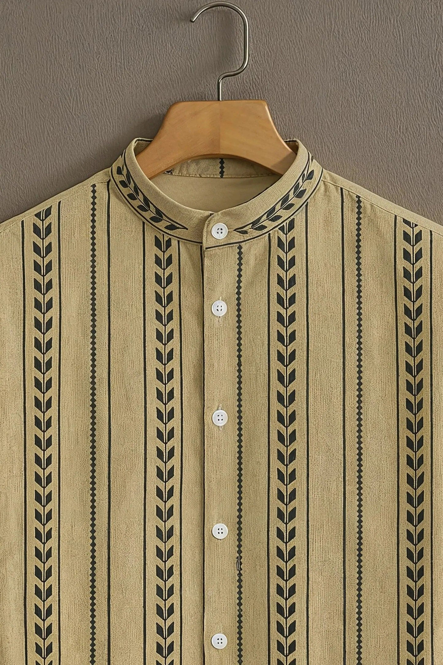 Men's Tribal Stripe Print Cotton Blend Shirt – Mandarin Collar | Short Sleeve Casual Wear